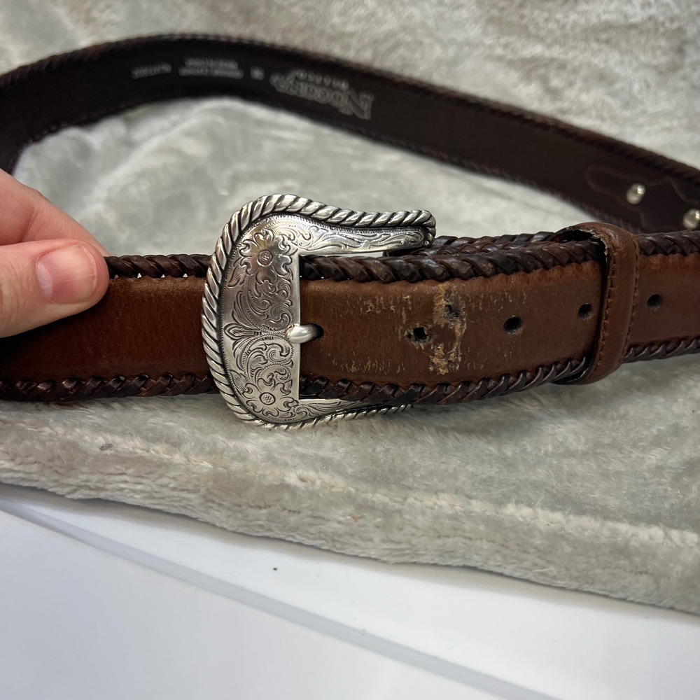 Nocona Belt Co‎ Mens 38 Brown Leather Western Belt Engraved Buckle Rustic Rugged